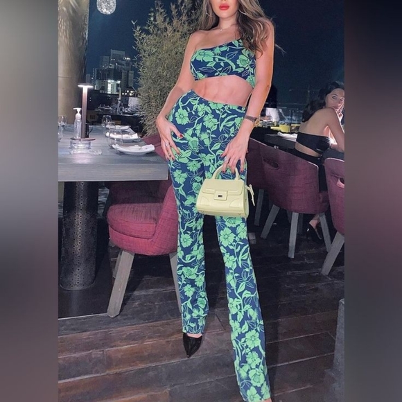 💕 Zara Green Blue Jaquard Hi waistFlare Pants Set Bloggers favourite - Picture 13 of 13